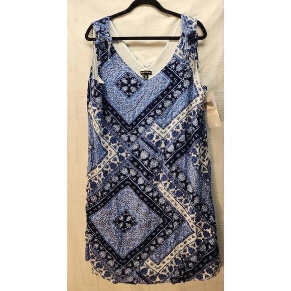 Nina Leonard Dress 1X Blue Geo Print Sleeveless Short Vneck Aline knee length - Picture 1 of 11
